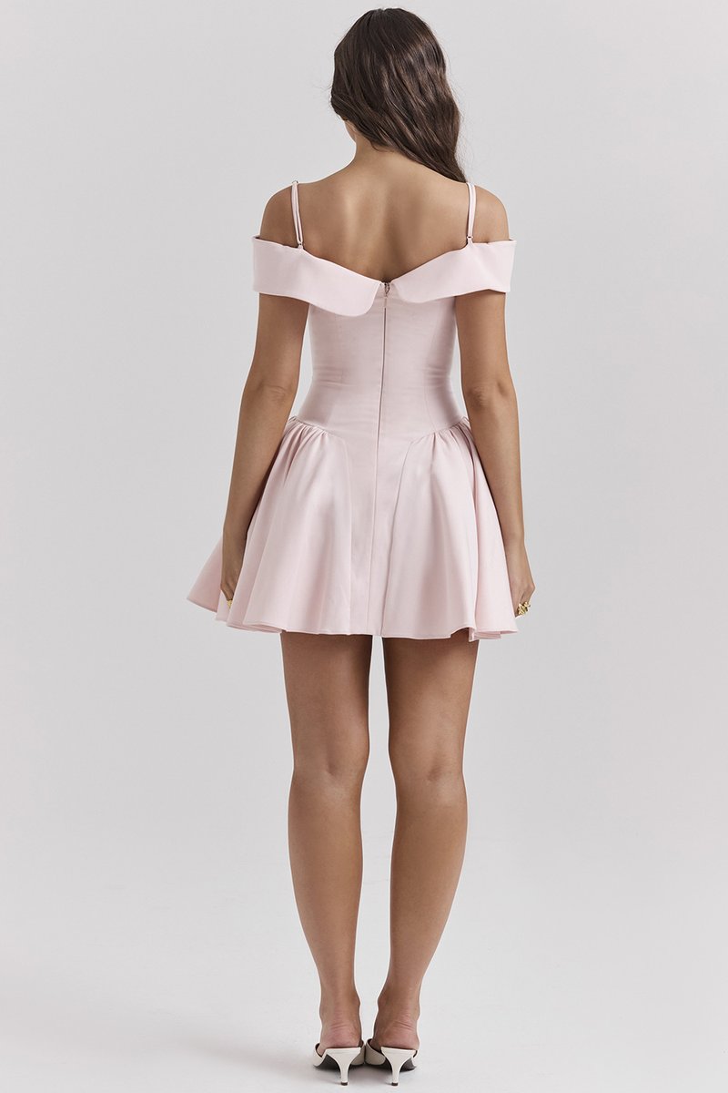Off-Shoulder Pink Satin Midi Dress H6292