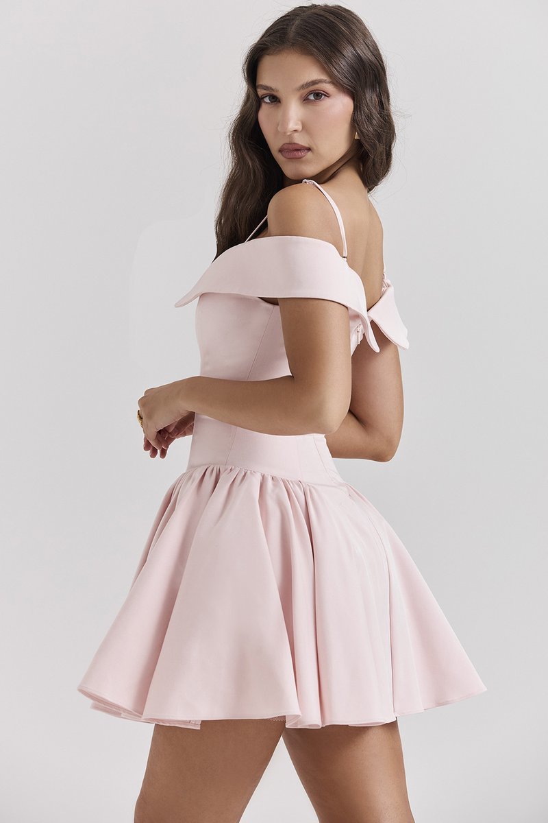 Off-Shoulder Pink Satin Midi Dress H6292