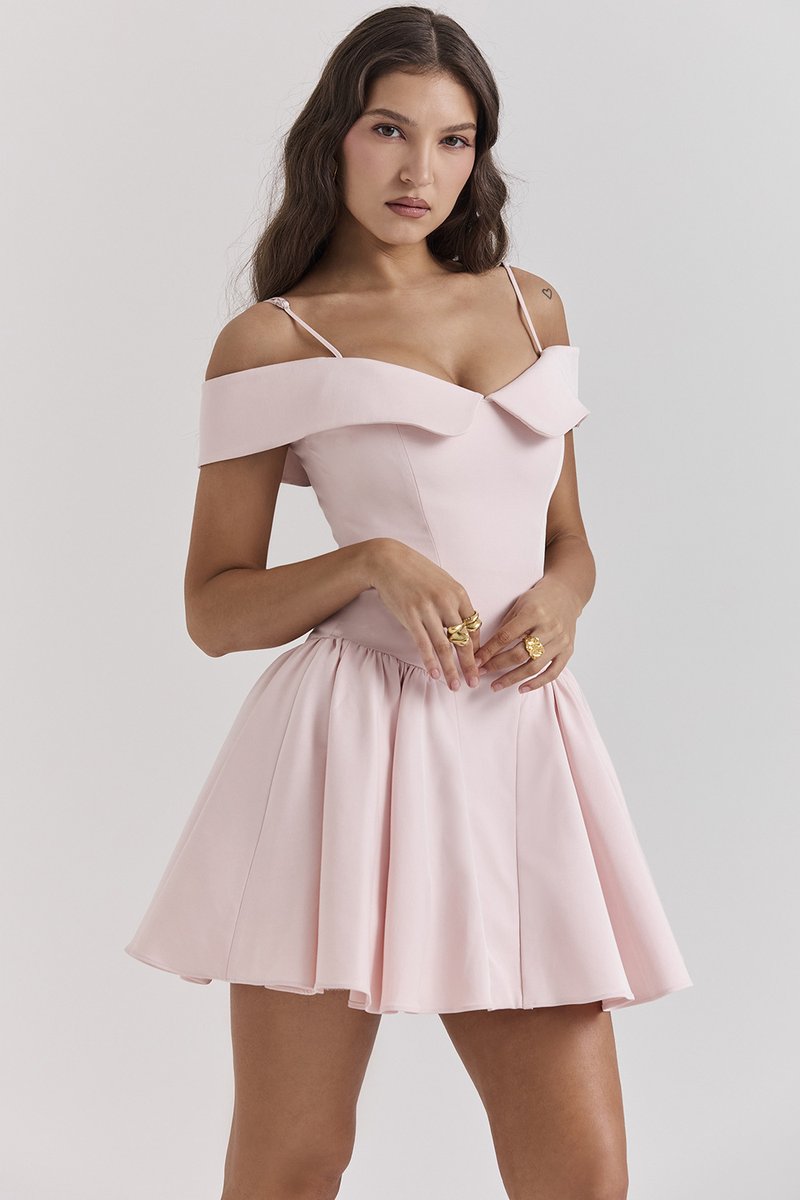 Off-Shoulder Pink Satin Midi Dress H6292