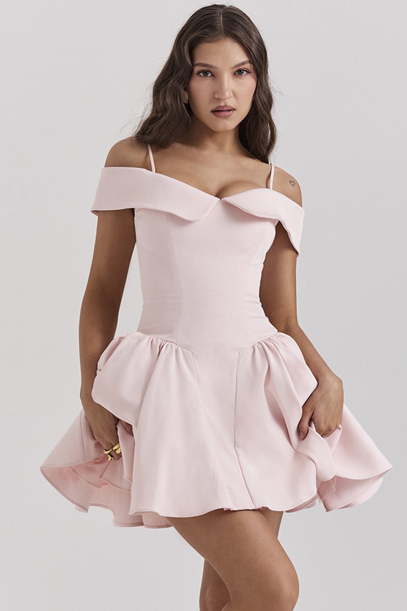 Off-Shoulder Pink Satin Midi Dress H6292