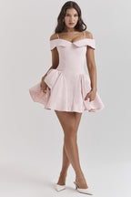 Off-Shoulder Pink Satin Midi Dress H6292