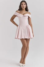 Off-Shoulder Pink Satin Midi Dress H6292