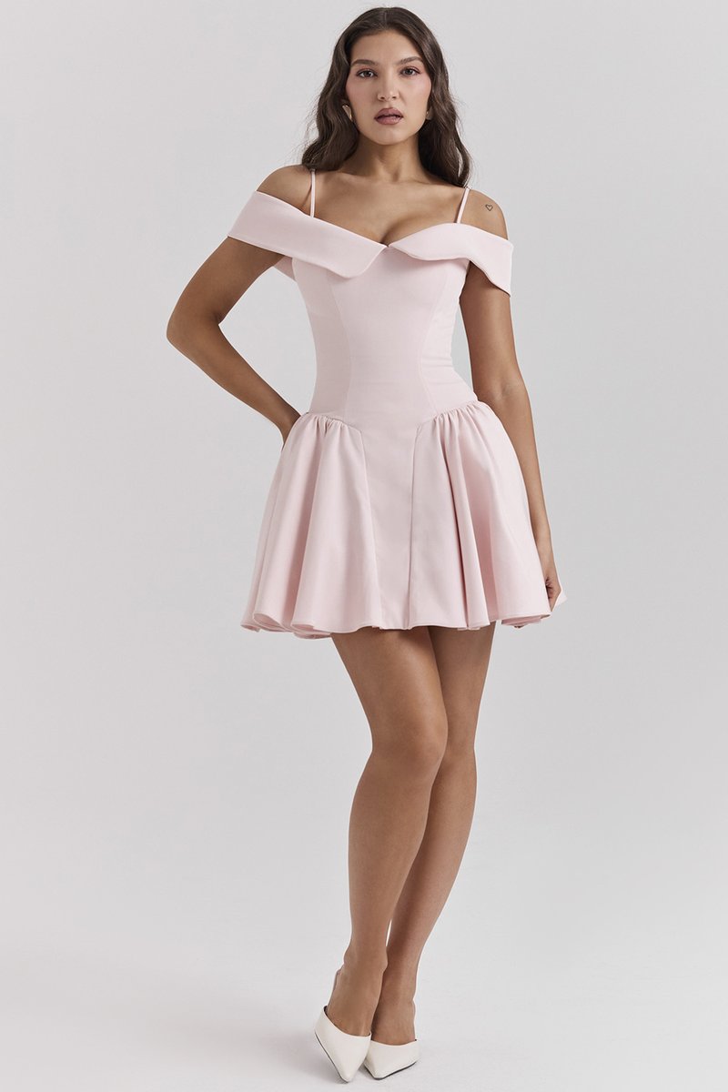 Off-Shoulder Pink Satin Midi Dress H6292