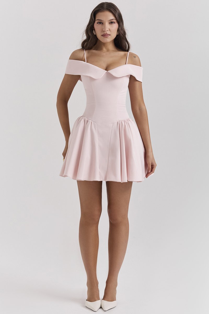 Off-Shoulder Pink Satin Midi Dress H6292