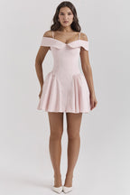 Off-Shoulder Pink Satin Midi Dress H6292