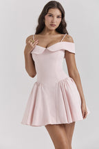 Off-Shoulder Pink Satin Midi Dress H6292