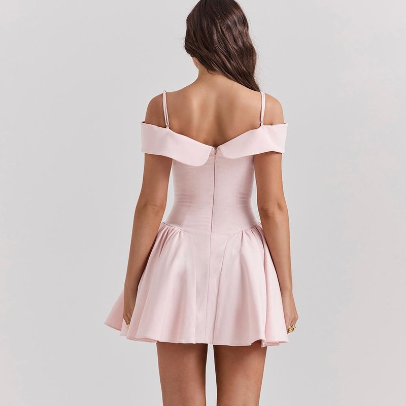 Off-Shoulder Pink Satin Midi Dress H6292