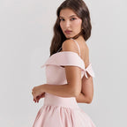 Off-Shoulder Pink Satin Midi Dress H6292