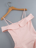 Off-Shoulder Pink Satin Midi Dress H6292