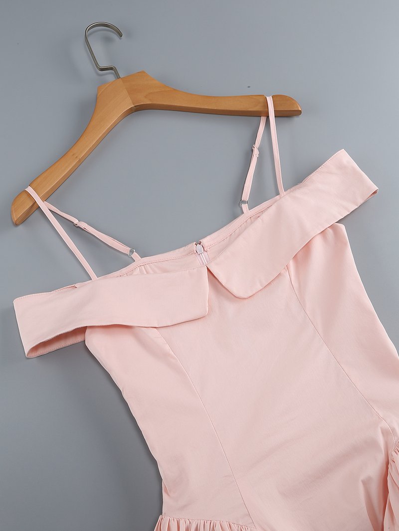 Off-Shoulder Pink Satin Midi Dress H6292
