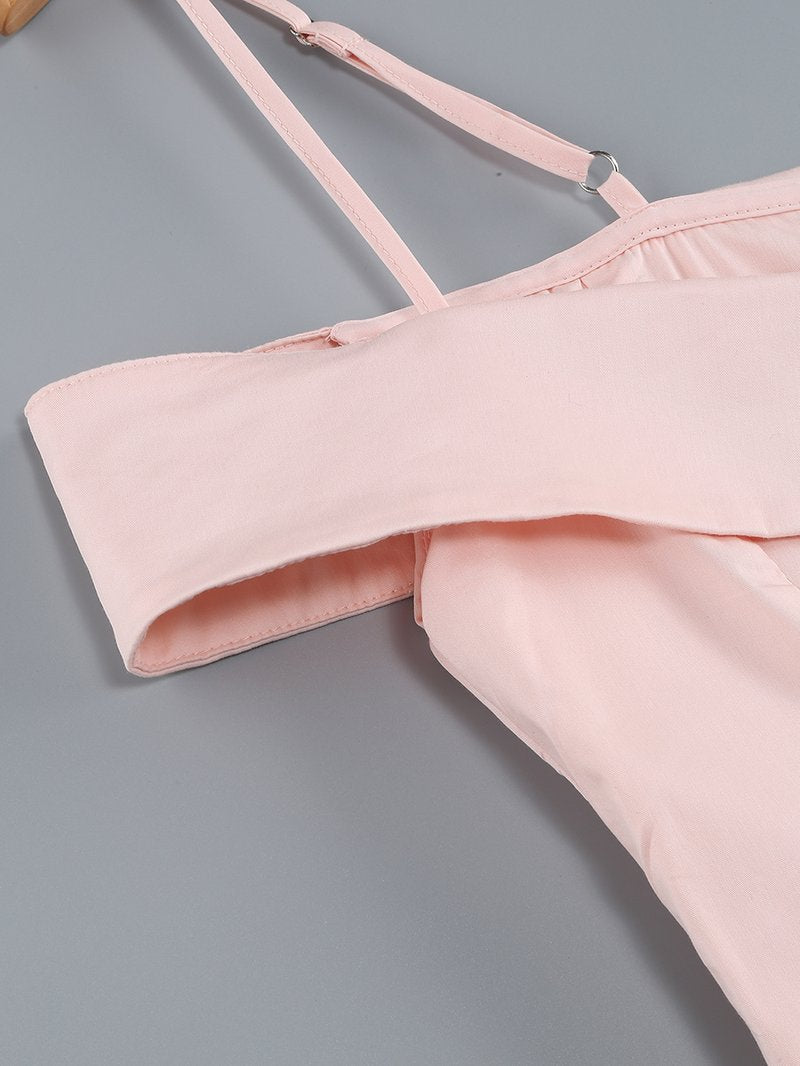 Off-Shoulder Pink Satin Midi Dress H6292