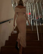 Off-Shoulder Pleated Long Sleeve Dress H6167