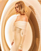 Off-Shoulder Pleated Long Sleeve Dress H6167