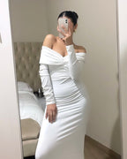 Off-Shoulder Pleated Long Sleeve Dress H6167