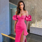 Off Shoulder Puff Sleeve Pink Gown H6087