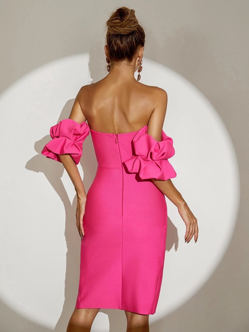 Off Shoulder Puff Sleeve Pink Gown H6087