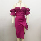 Off Shoulder Puff Sleeve Pink Gown H6087