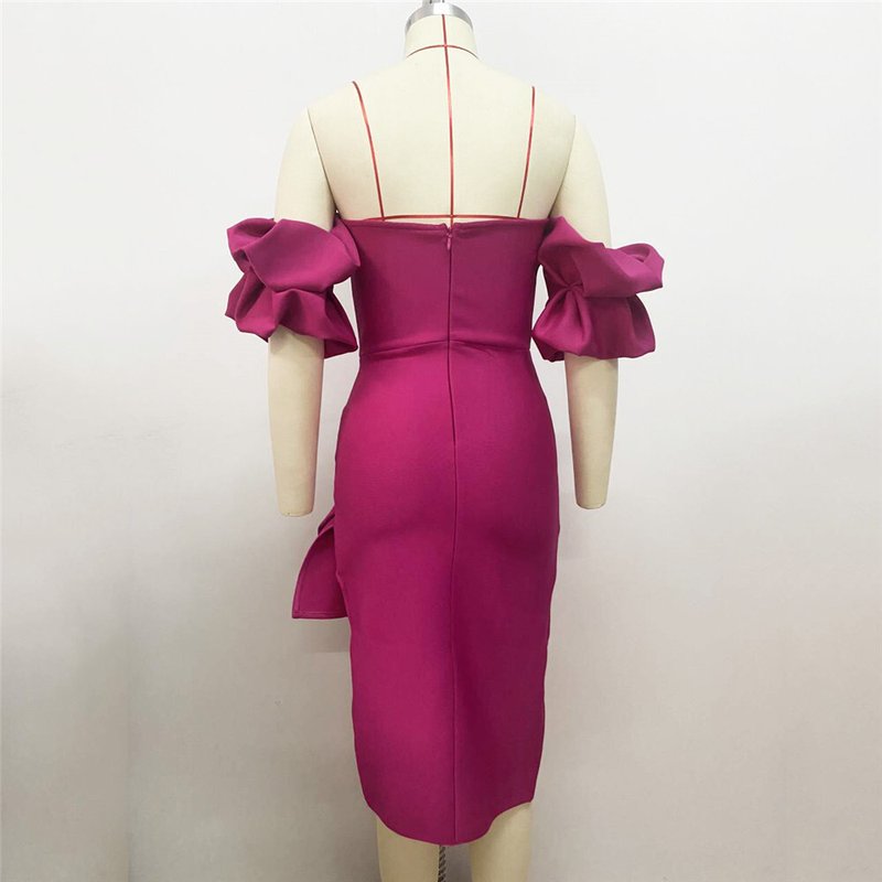 Off Shoulder Puff Sleeve Pink Gown H6087