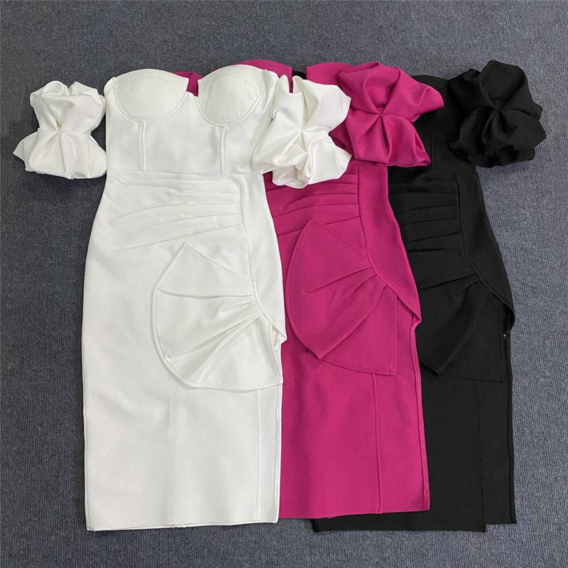 Off Shoulder Puff Sleeve Pink Gown H6087