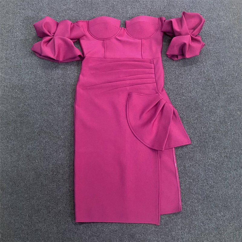 Off Shoulder Puff Sleeve Pink Gown H6087