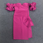 Off Shoulder Puff Sleeve Pink Gown H6087