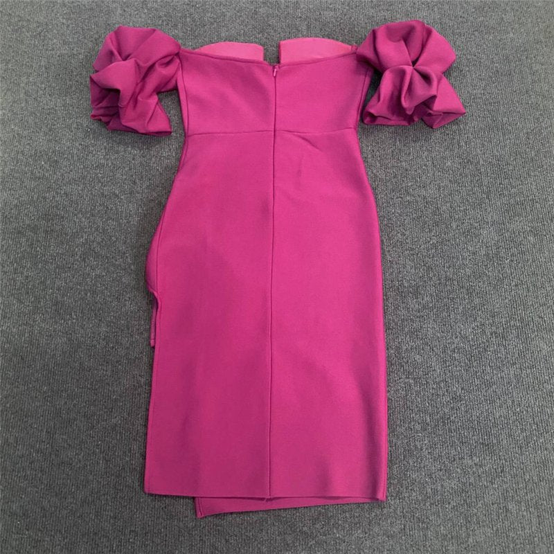 Off Shoulder Puff Sleeve Pink Gown H6087