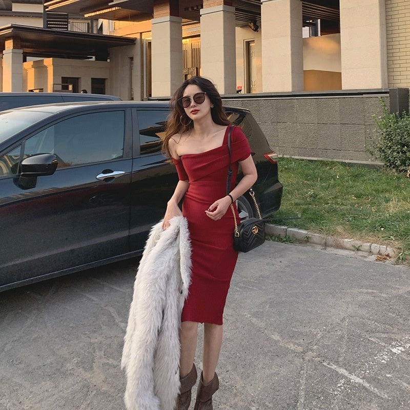 Off Shoulder Red Bandage Midi Dress H2996