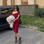 Off Shoulder Red Bandage Midi Dress H2996