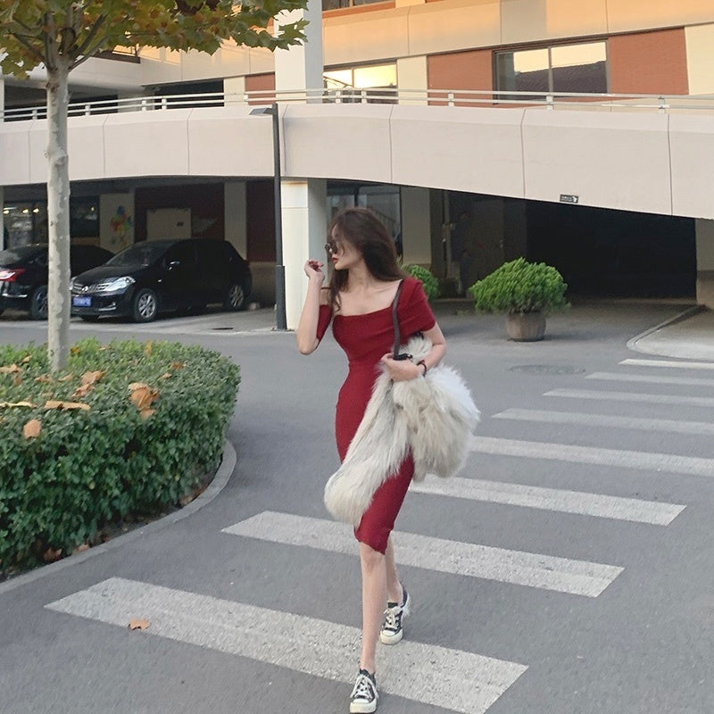 Off Shoulder Red Bandage Midi Dress H2996