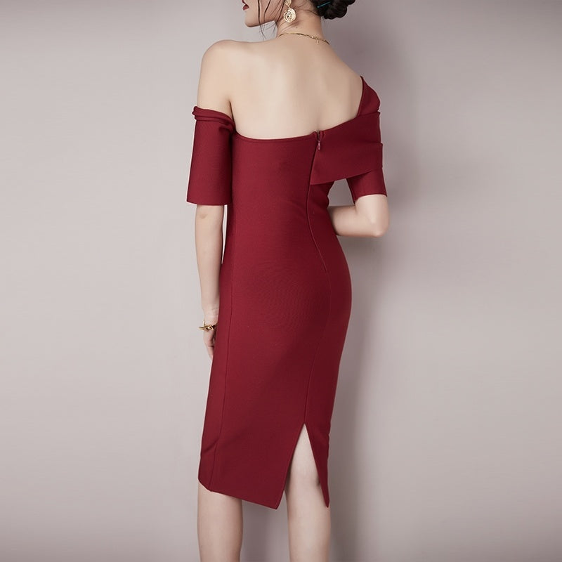Off Shoulder Red Bandage Midi Dress H2996