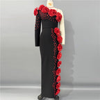 Off-Shoulder Red Flower Embellished Gown H6823