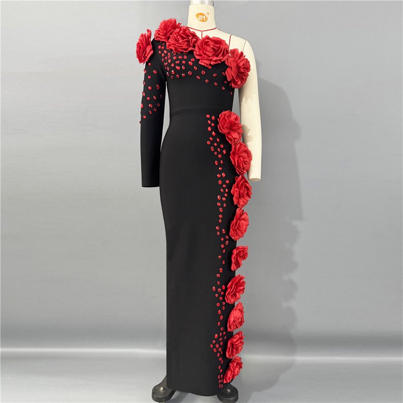 Off-Shoulder Red Flower Embellished Gown H6823