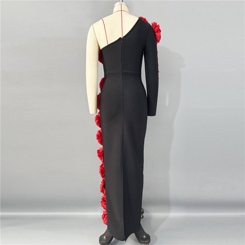 Off-Shoulder Red Flower Embellished Gown H6823