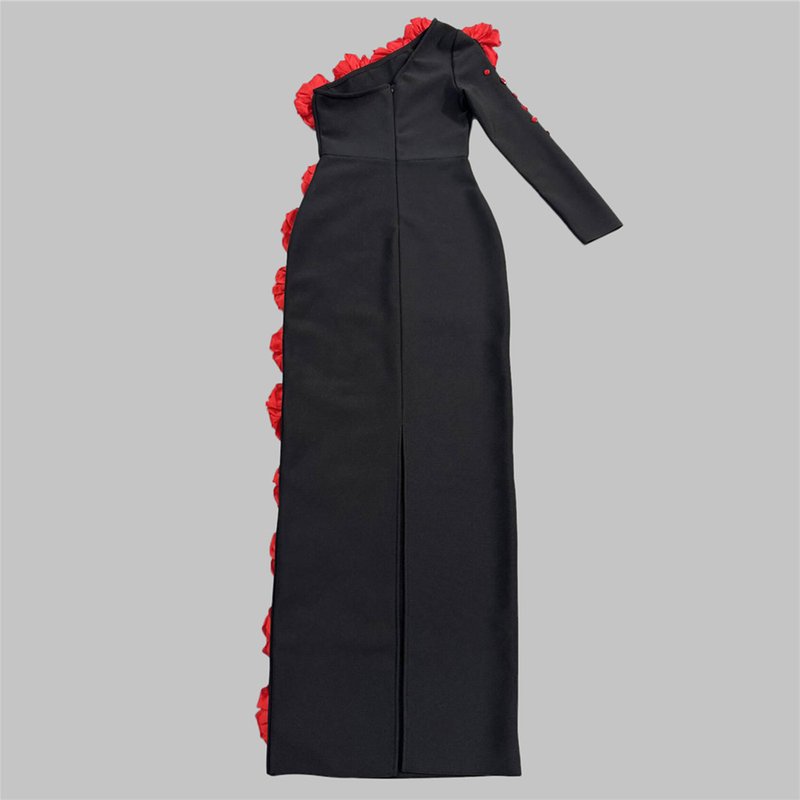 Off-Shoulder Red Flower Embellished Gown H6823