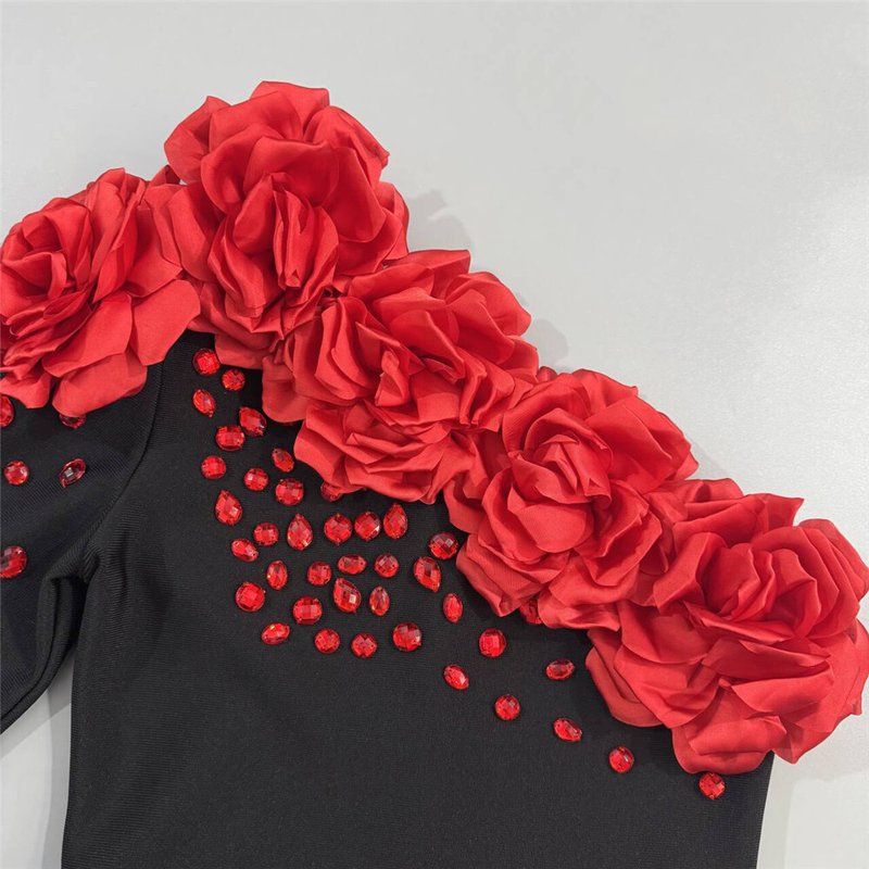 Off-Shoulder Red Flower Embellished Gown H6823