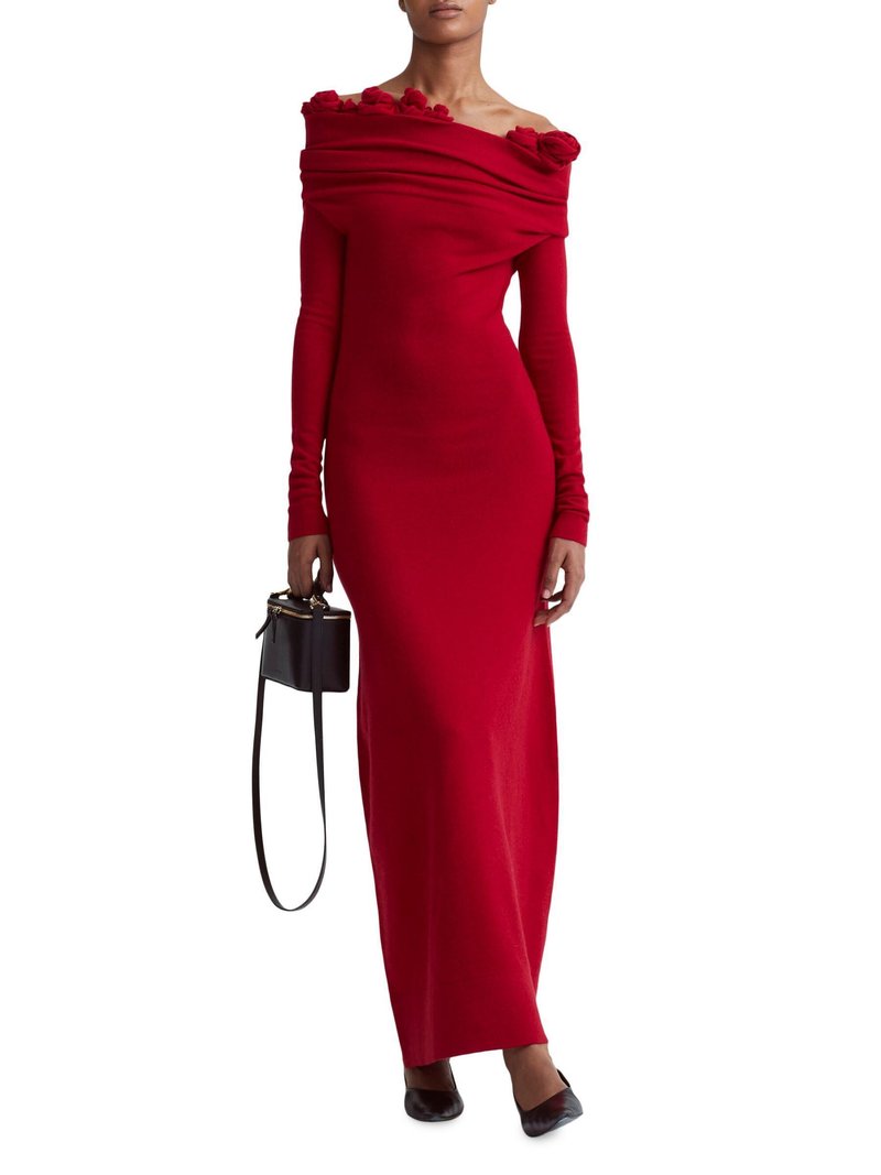 Off-Shoulder Red Rose Appliqué Gown H6492
