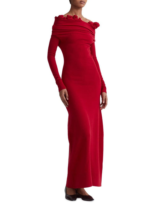 Off-Shoulder Red Rose Appliqué Gown H6492