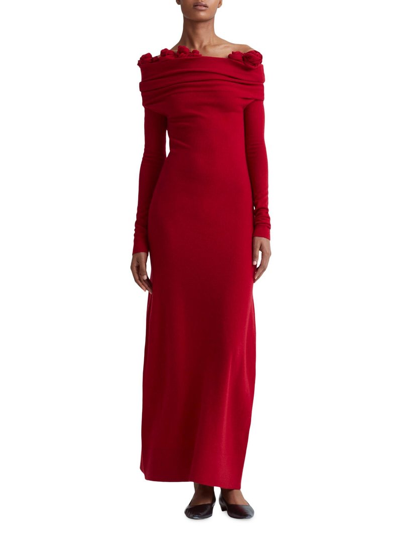 Off-Shoulder Red Rose Appliqué Gown H6492