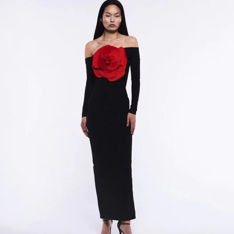 Off Shoulder Red Rose Midi Dress H6062