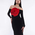 Off Shoulder Red Rose Midi Dress H6062