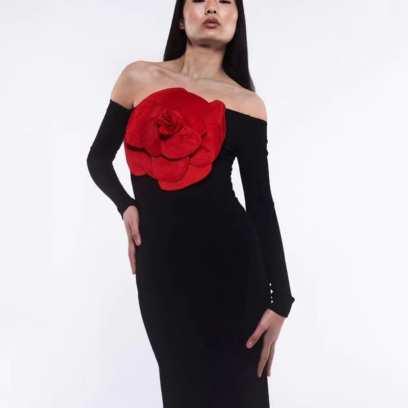 Off Shoulder Red Rose Midi Dress H6062