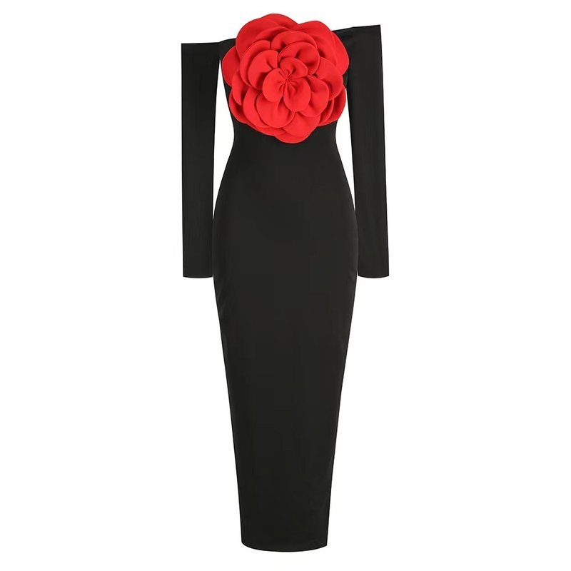 Off Shoulder Red Rose Midi Dress H6062