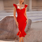 Off Shoulder Red Ruffle Midi Dress H5950