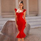 Off Shoulder Red Ruffle Midi Dress H5950