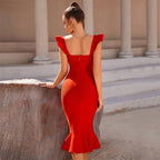 Off Shoulder Red Ruffle Midi Dress H5950