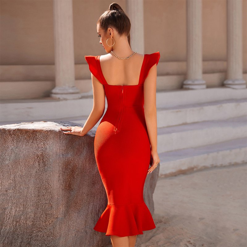 Off Shoulder Red Ruffle Midi Dress H5950