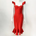 Off Shoulder Red Ruffle Midi Dress H5950