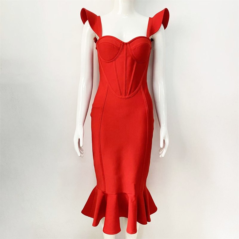 Off Shoulder Red Ruffle Midi Dress H5950