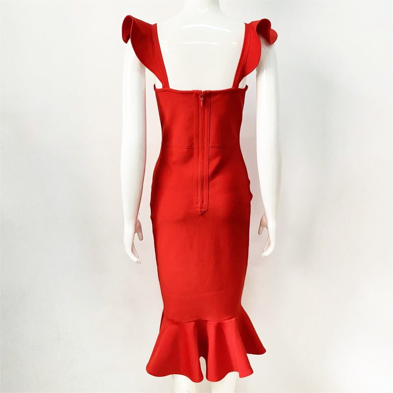 Off Shoulder Red Ruffle Midi Dress H5950