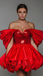 Off-Shoulder Red Ruffle Mini Dress H6661